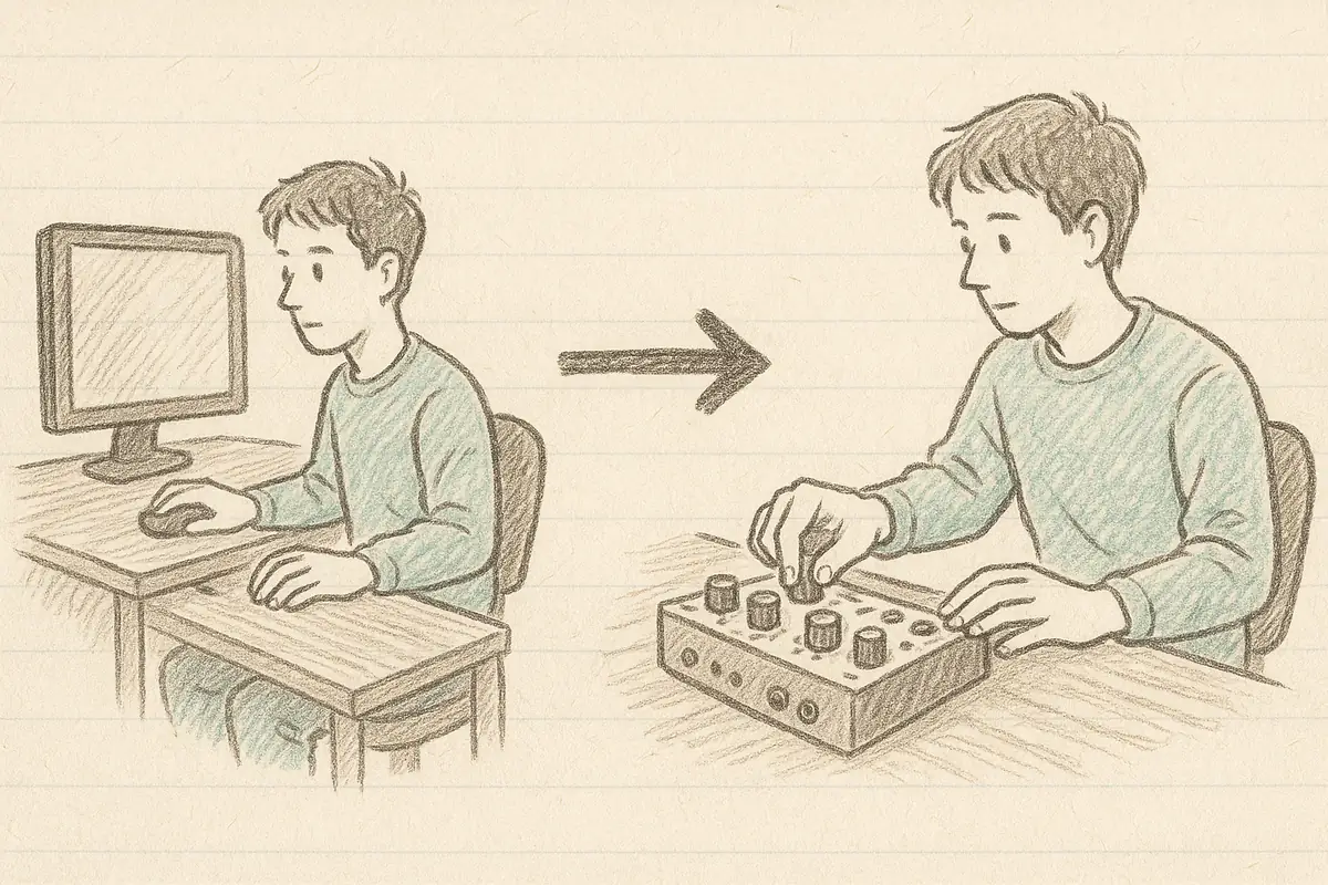 概念イラスト: 画面の前での制作から、手元の機材での制作へ移る様子の比喩