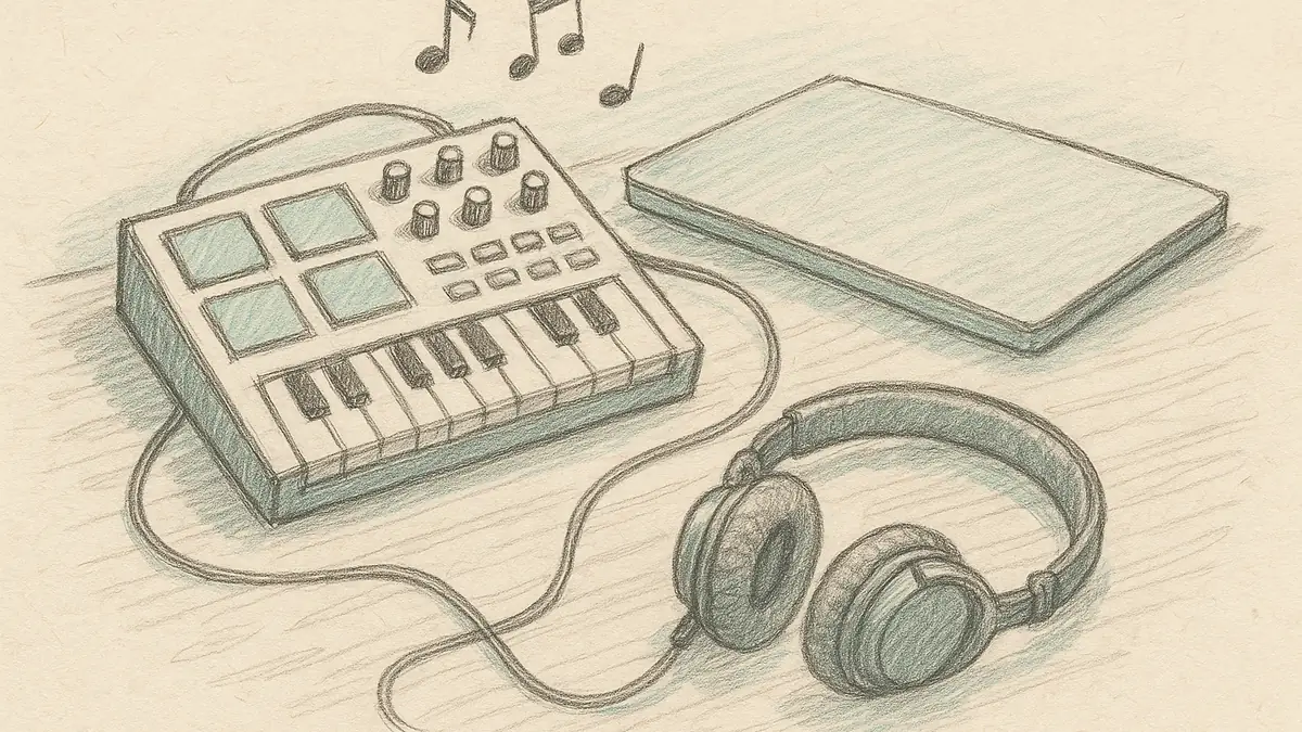 手描きスケッチ風イラスト: 机の上の音楽機材とヘッドホン、そばに閉じたノートPC