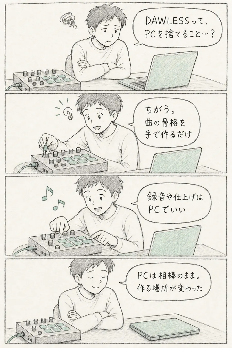 4コマ漫画: 「DAWLESSって、PCを捨てること？」と不安がる初心者が、曲の骨格を手で作るだけで録音や仕上げはPCでいいと知り、「PCは相棒のまま。作る場所が変わった」と納得する