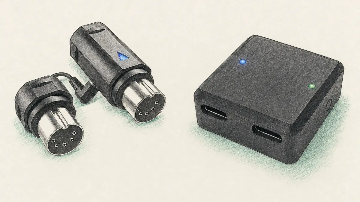 CME WIDI MasterとWIDI Uhostのイラスト(実機を参考に作成)。左は黒い円筒形のアダプター2個でDIN5プラグと青いLED、右は黒い小箱でUSB-C端子が2つ