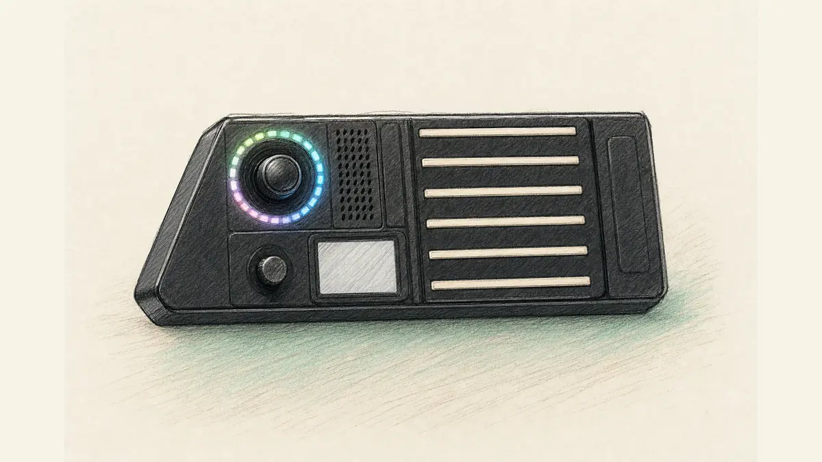 黒いくさび形の本体に光る輪で囲まれたジョイスティックと6本のタッチ弦が並ぶFingersonic Guitarのイラスト