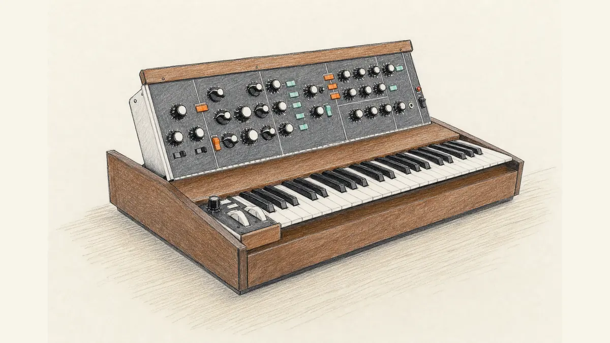 木製筐体に44鍵と傾斜したつまみパネルを備えたMinimoog Model Dのイラスト