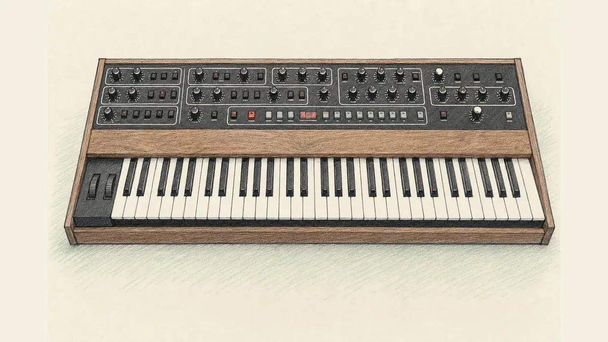 木目の筐体につまみが横一列に並ぶ61鍵シンセSequential Prophet-10のイラスト